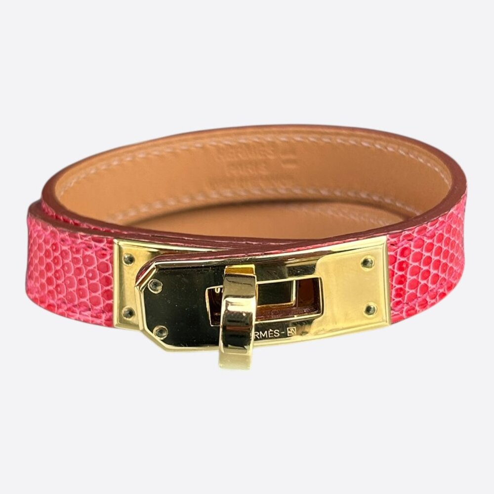 Hermes Pink Lizard & Gold Hardware Kelly Double Tour Bracelet